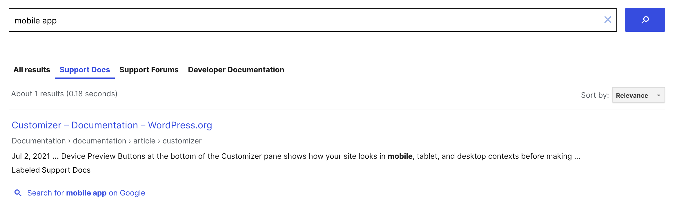 Search on WordPress dot org for 'mobile app' returning 1 result: Customizer – Documentation.